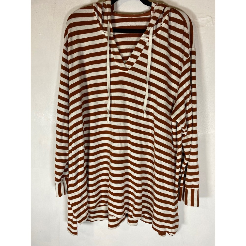 Treasure & Bond Brown Cream Striped Hooded Tunic XL Long Sleeve V Neck
